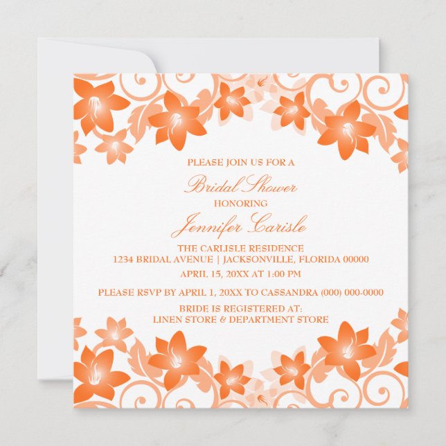 Invitation simple Orange Floral Fête des mariées (Devant)