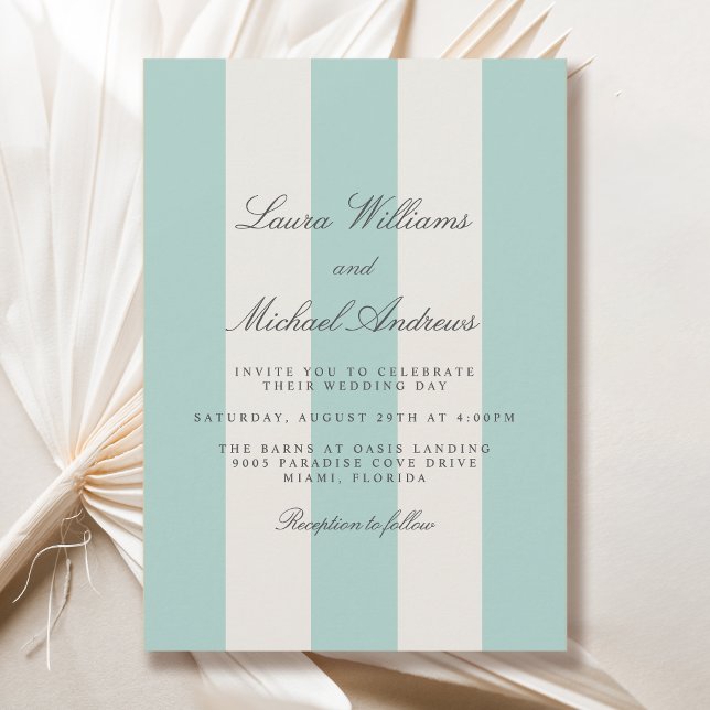 Invitation Simple Pale Teal Cabana Stripes Wedding (Available in both printed and instant download digital formats.)