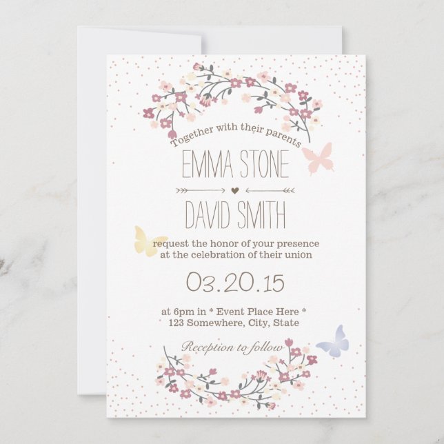 Invitation Simple Papillon & Fleurs Mariage de printemps (Devant)