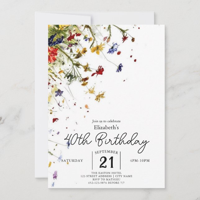 Invitation Simple Pastels Fleurs sauvages 40e anniversaire (Devant)