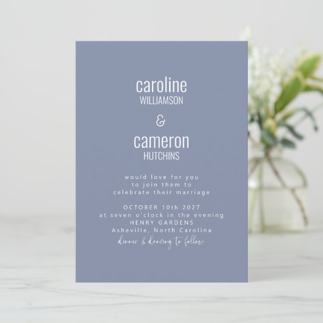 Invitation Simple Periwinkle Mariage de typographie moderne (Debout devant)