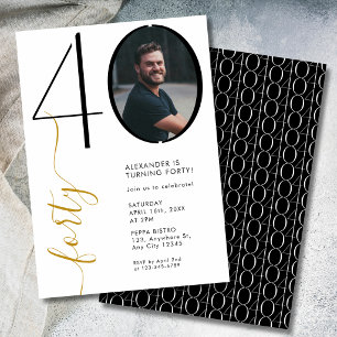 Invitation Simple Photo Anniversaire 40 ans Noir Blanc Or