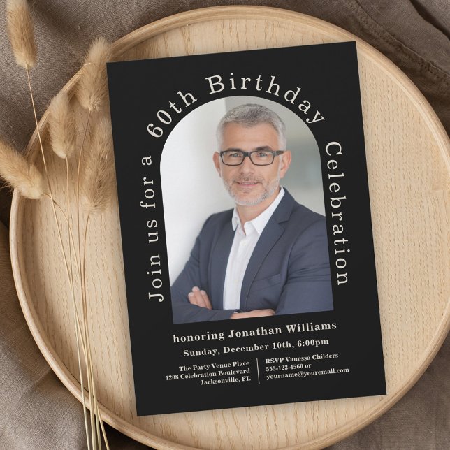Invitation Simple Photo Arch Black 60e fête d'anniversaire (Get this trendy birthday invitation as printed invites or popular digital download!)