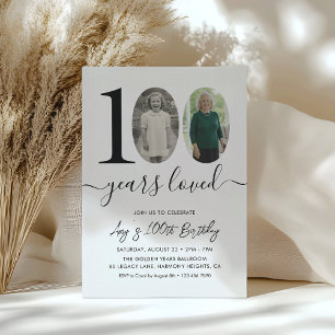 Invitation Simple Photo de fête d'anniversaire 100 ans en noi