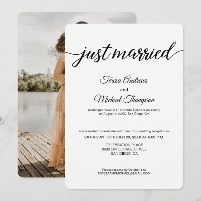 Invitation Simple Photo de mariage juste mariés Réception de  (Devant / Derrière)