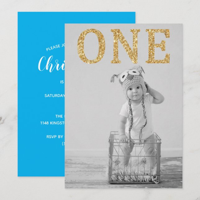 Invitation Simple Photo Gold Parties scintillant 1er annivers (Devant / Derrière)