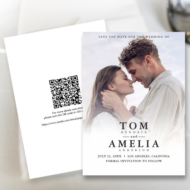 Invitation Simple Photo Moderne Enregistrer La Date QR Code M (The QR code makes it easy for guests to visit your website for more details about your wedding.)