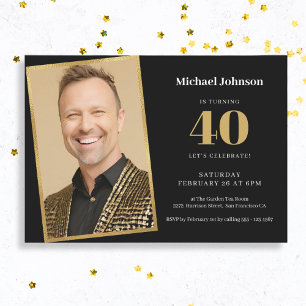 Invitation Simple Photo personnalisée Black Gold 40e fête d'a