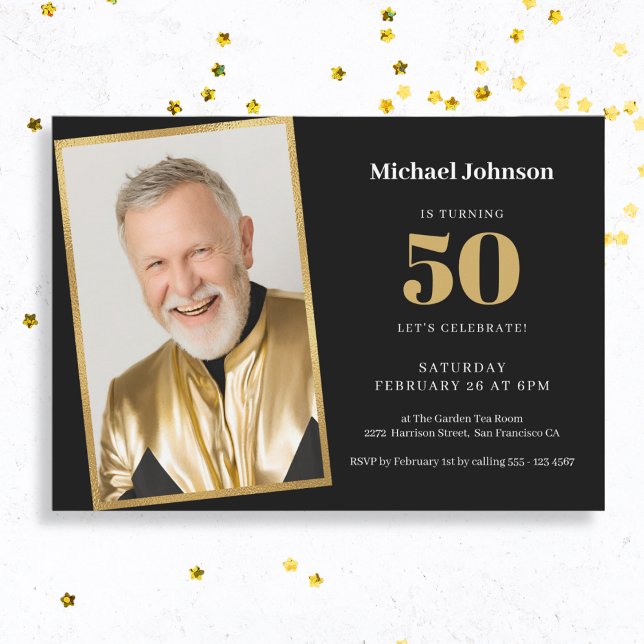 Invitation Simple Photo personnalisée Black Gold 50e fête d'a (Mock Up View)