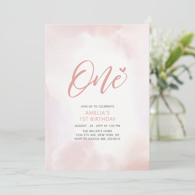 Invitation Simple Pink Heart One 1st Girl Birthday Party (Debout devant)