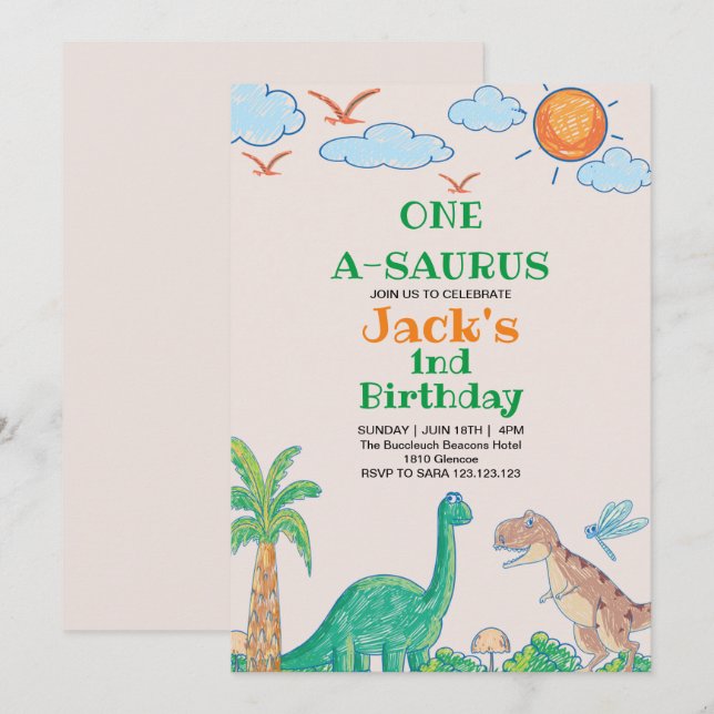Invitation Simple premier 1er anniversaire Dinosaur (Devant / Derrière)