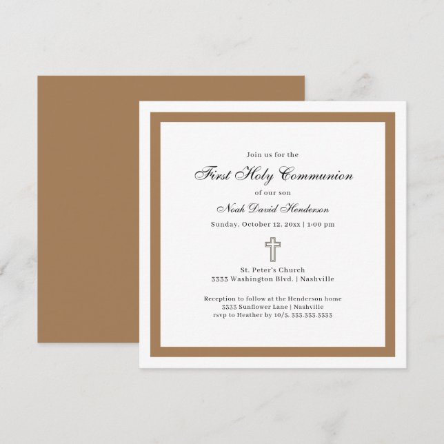 Invitation Simple Première Sainte Communion Tan White Invitat (Devant / Derrière)