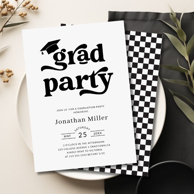 Invitation Simple Retro Black and White Graduation Party (Simple Retro Black and White Graduation Party Invitation)