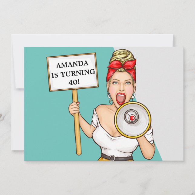 Invitation Simple Retro Loudlocuteur Lady 40e anniversaire (Devant)