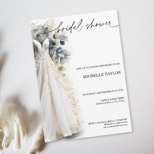 Invitation Simple Robe de Mariée Élégante Blanche Eucalyptus