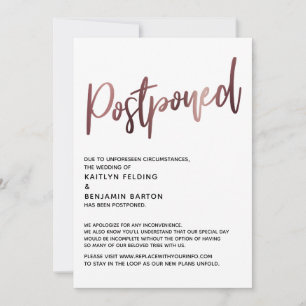 Invitation Simple Rose Gold Calligraphie Mariage Reporté