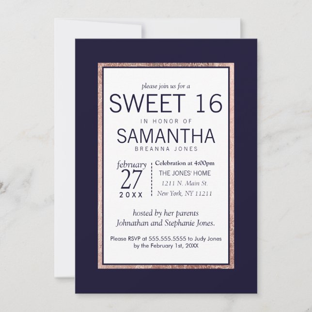 Invitation Simple Rose Gold Lined Marine Bleu Sweet 16 Invita (Devant)