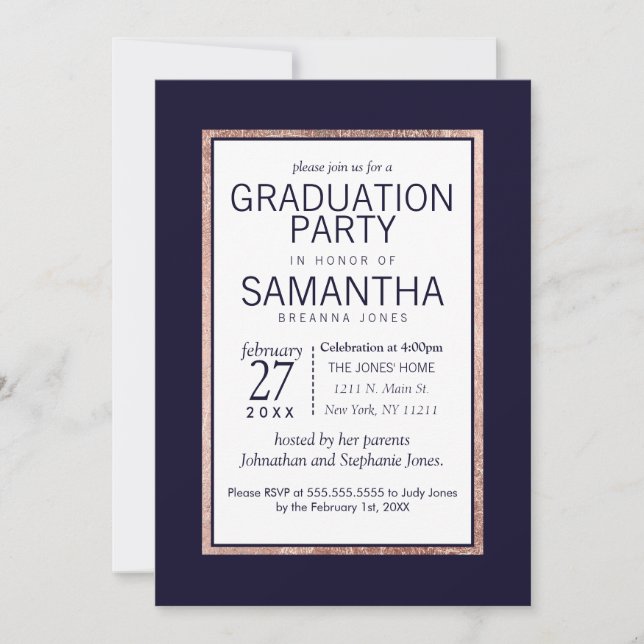 Invitation Simple Rose Gold Linked Navy Blue Graduation Party (Devant)