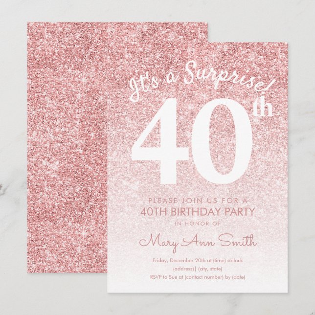 Invitation Simple Rose Gold Parties scintillant 40e fête d'an (Devant / Derrière)