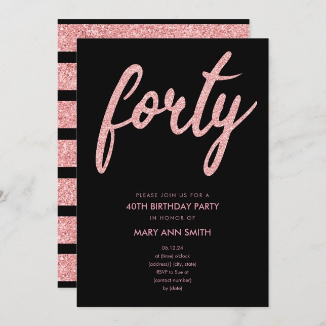 Invitation Simple Rose Gold Parties scintillant 40e fête d'an (Devant / Derrière)