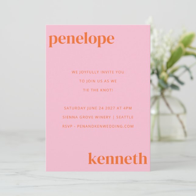 Invitation Simple Rose Orange Chic Mariage Moderne Tout En Un (Debout devant)