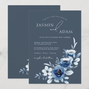 Invitation Simple Roses Bleues Royales Floral Mariage