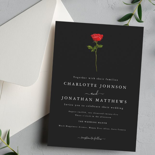 Invitation Simple Rouge Rose Élégant Script Noir & Blanc (Simple red rose elegant modern script black and white wedding invitation Watercolor floral)