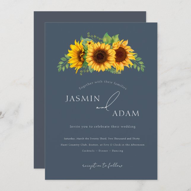 Invitation Simple Royal Blue Opulence Sunflower Boho Mariage (Devant / Derrière)