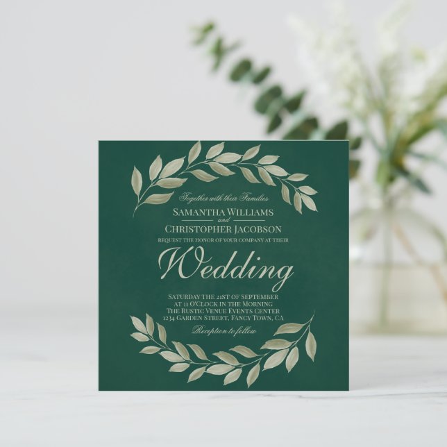 Invitation Simple Rustic Garden Feuilles Emerald Green Mariag (Debout devant)