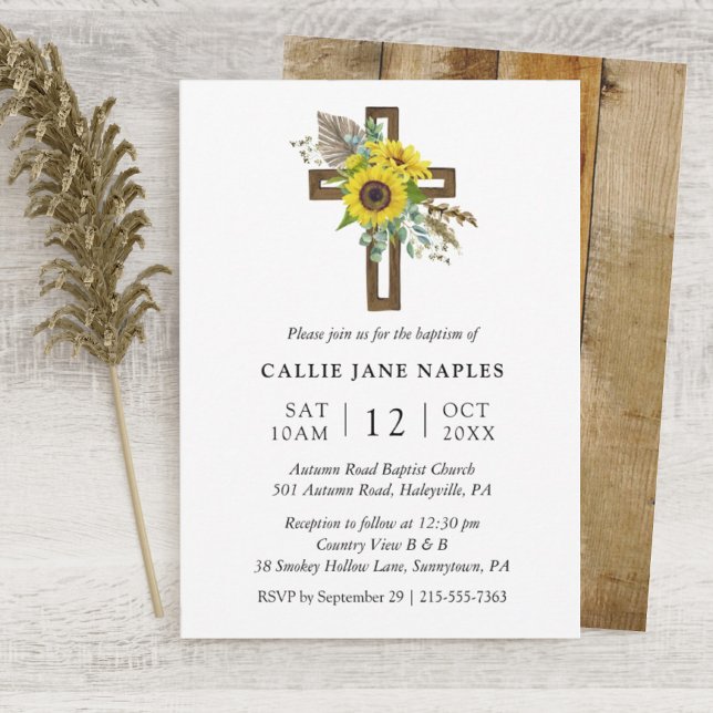 Invitation Simple Rustique Tournesol Bois Croix Baptême (Créateur téléchargé)