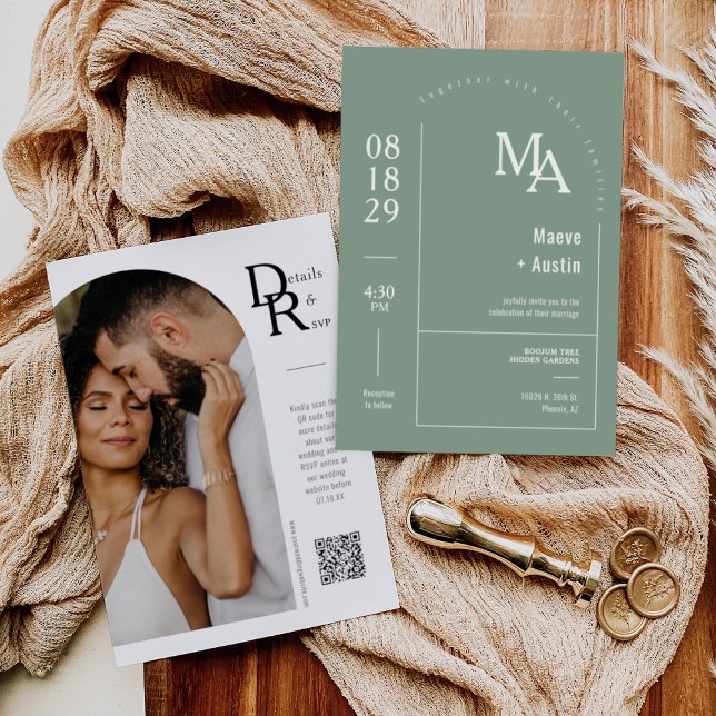 Invitation Simple Sage Green Moderne Minimal Boho Arch QR Cod (Créateur téléchargé)