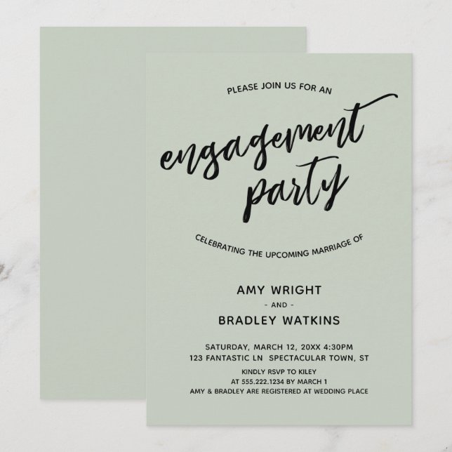Invitation Simple Sage Modern Handwriting Partie d'engagement (Devant / Derrière)