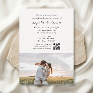 Invitation Simple Script 2 Photo QR Code Mariage Blanc