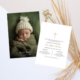 Invitation Simple Script Baptême catholique bébé Photo Gold