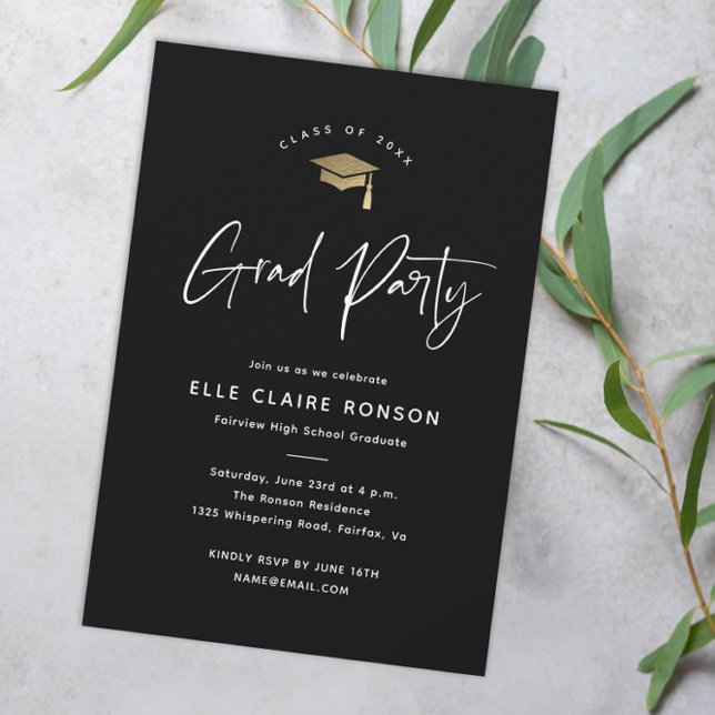 Invitation Simple Script Black and White Graduation Party (Modern script black and gold graduation party invitation.)