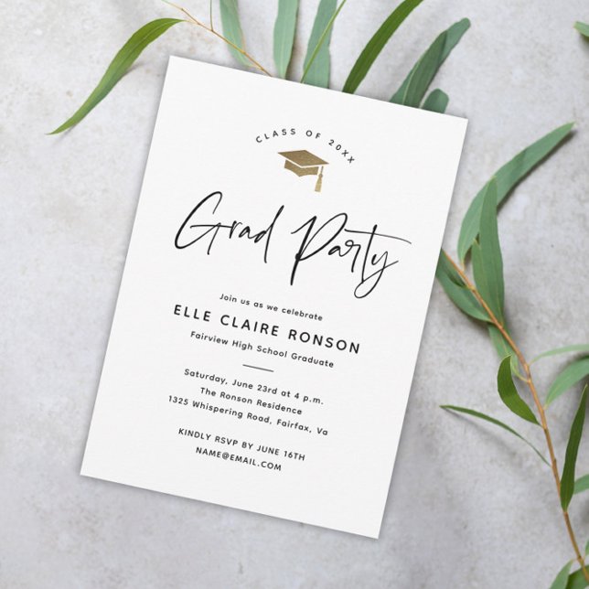 Invitation Simple Script Black and White Graduation Party (Créateur téléchargé)
