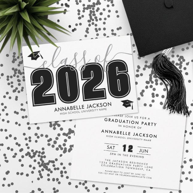 Invitation Simple Script Black White Graduation Party (Simple Script Black White Graduation Party Invitation)