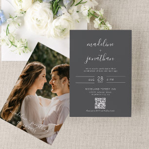 Invitation Simple Script Gris Photo QR Code Rsvp Mariage