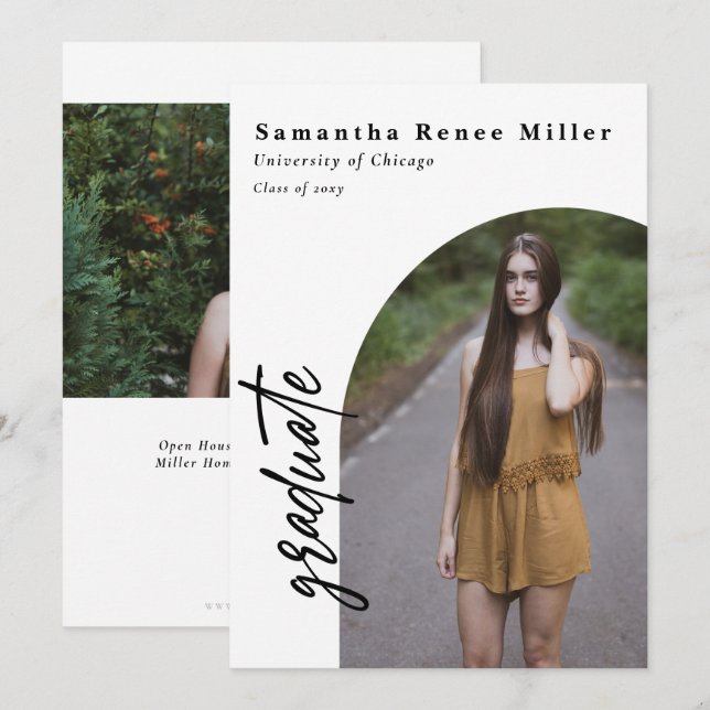 Invitation Simple Script Moderne Arche 2 Photo Diplômé   (Devant / Derrière)