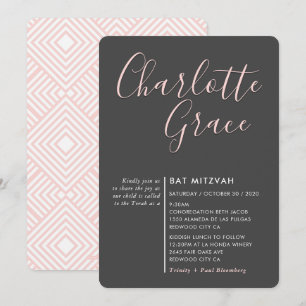 Invitation SIMPLE SCRIPT moderne Bat mitzvah gris foncé rose