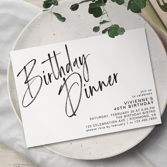 Invitation Simple Script Moderne Noir & Blanc Dîner d'anniver (Créateur téléchargé)