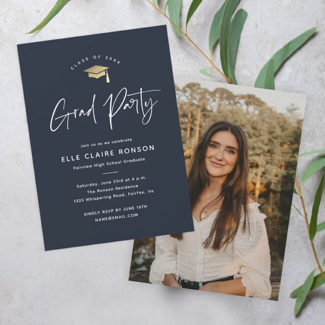Invitation Simple Script Navy Blue Photo Graduation Party (Modern script navy blue and gold photo graduation party invitation.)