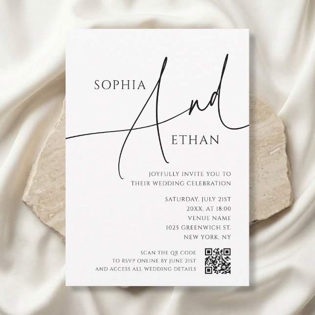 Invitation Simple Script Typography QR Code White Wedding (Créateur téléchargé)