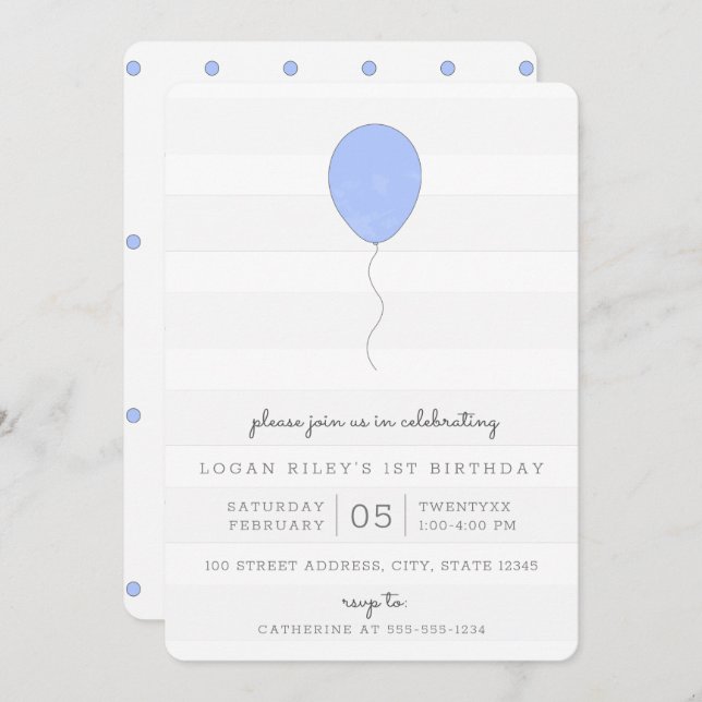 Invitation Simple Shabby Chic Bleu et Gris Balloon Anniversai (Devant / Derrière)