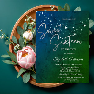 Invitation Simple Stars Green Sweet 16 