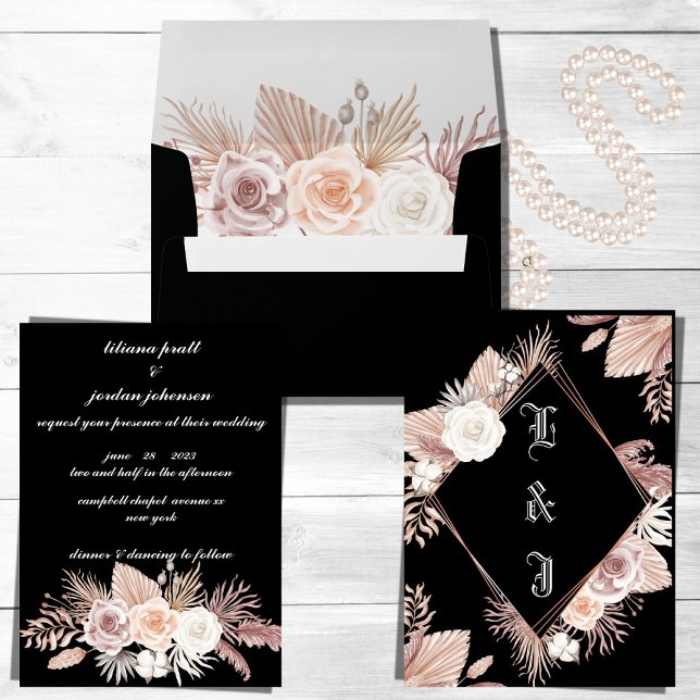 INVITATION SIMPLE STYLE BOHO MARIAGE FLORAL NOIR (Créateur téléchargé)