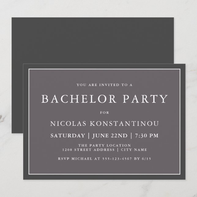 Invitation Simple Style Neutral Dark Grey Bachelor Party (Devant / Derrière)