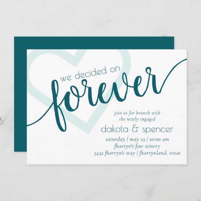 Invitation Simple Teal Forever | Brunch de mariage Green Hear (Devant / Derrière)