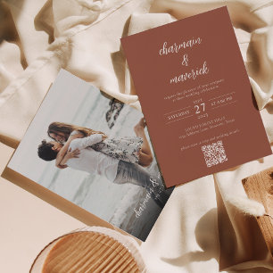 Invitation Simple Terracotta Script Photo QR Code Mariage