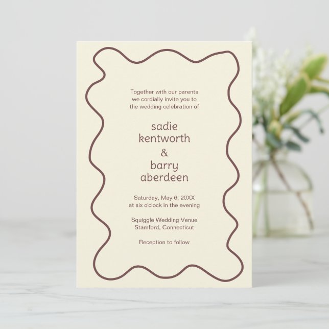 Invitation Simple Terre Brown Squiggle Cadre moderne Mariage (Debout devant)